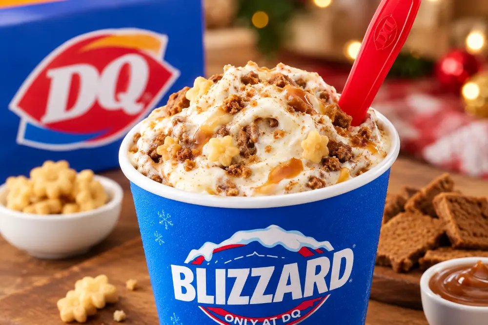 Caramel Blizzard treat with cookie crumbles and caramel drizzle on a holiday table at Dairy Queen