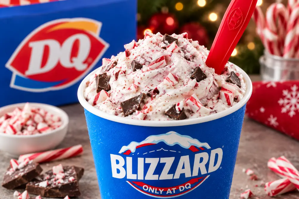 Peppermint Blizzard topped with crushed candy cane pieces and chocolate chunks, the style of DQ's Peppermint Bark Blizzard