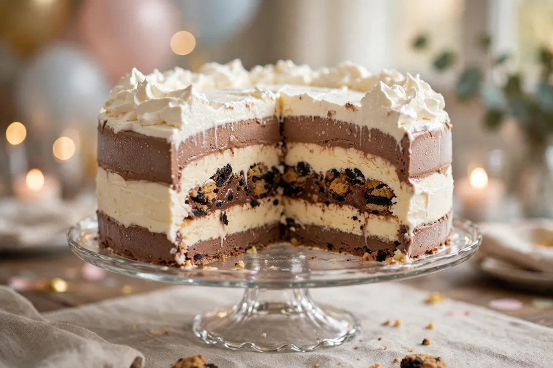 Sliced Dairy Queen ice cream cake showing its layers