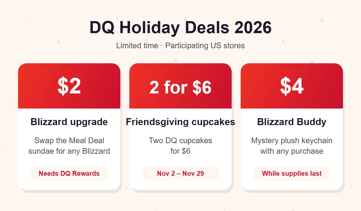 DQ holiday deals 2026: $2 Blizzard upgrade on the Meal Deal, two cupcakes for $6 and a $4 Blizzard Buddy keychain