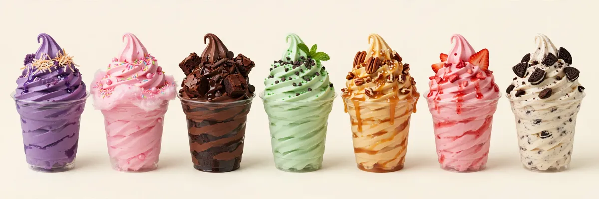 Lineup of seven Blizzard cups in different flavors and colors