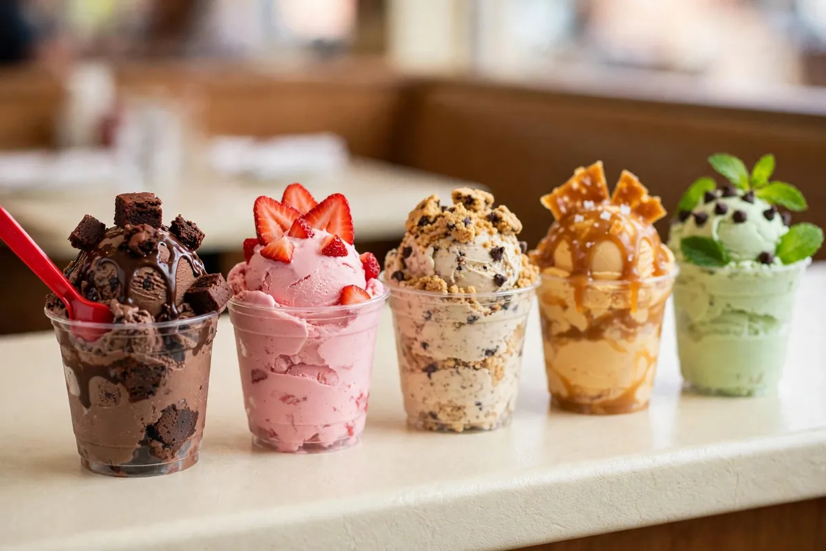 Row of Dairy Queen Blizzard Treats in five flavors on a diner counter