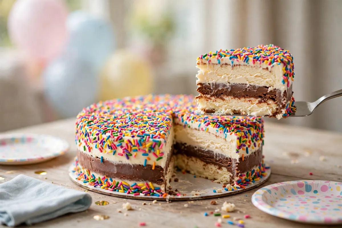 Dairy Queen ice cream cake with sprinkles and a fudge layer on a party table