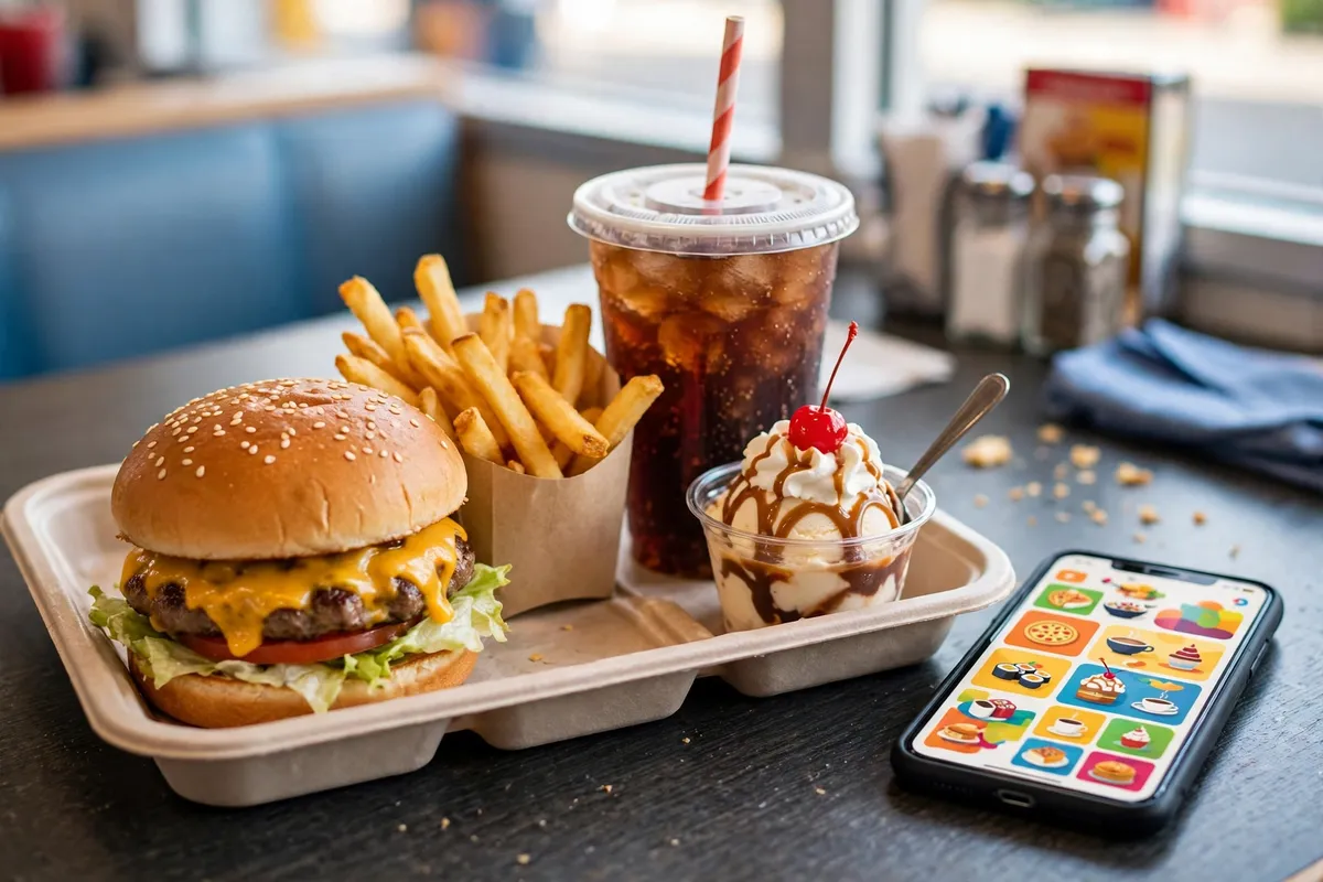 Dairy Queen meal deal tray with cheeseburger, fries, soda and sundae next to a phone with the DQ app