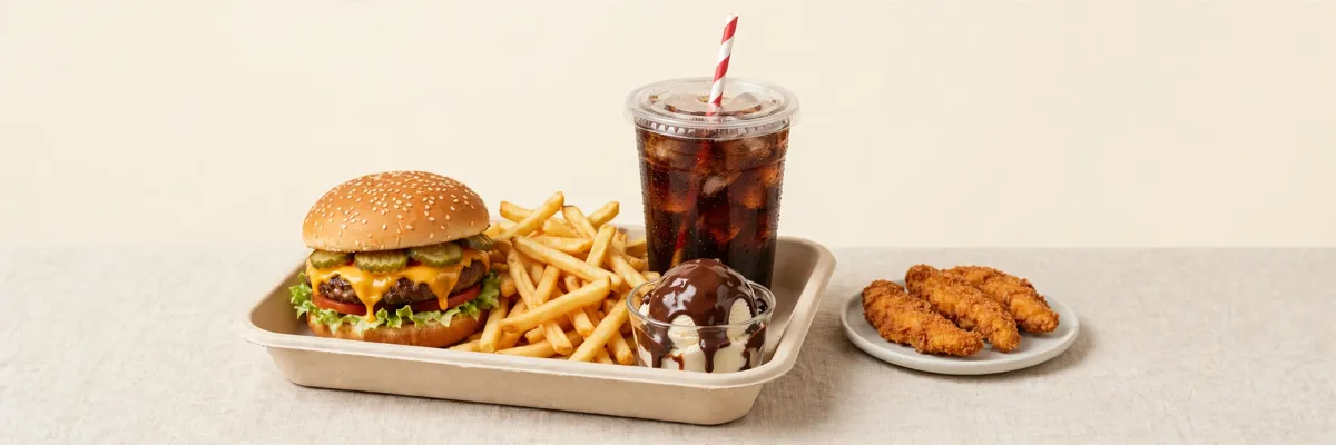 Meal deal tray with a cheeseburger, fries, soda and a fudge sundae, with chicken strips on the side