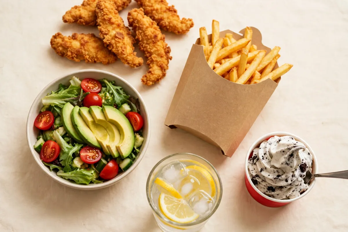 Chicken strips, a side salad, fries and a soft serve cup on a table