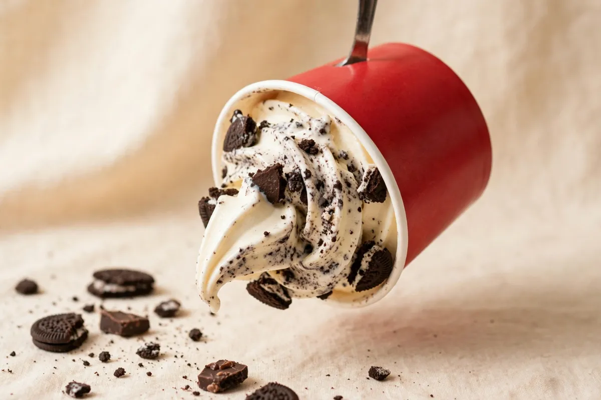 An OREO Blizzard cup flipped upside down, the soft serve holding firm