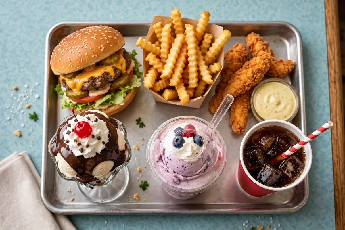 Full Dairy Queen meal spread on a tray with burger, chicken strips, fries, sundae and a Blizzard